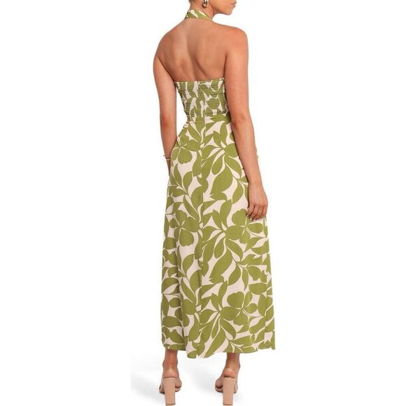 Petal & Pup Women's Green White Tropical Halter Open Back Maxi Dress Large NWOT - Picture 2 of 14